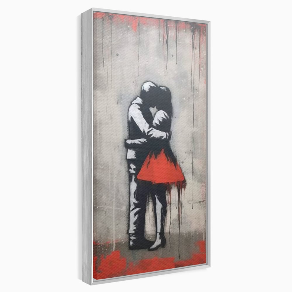 Tablou canvas cu tablou canvas cu doi indragostiti imbratisati, in rama de aluminiu argintiu